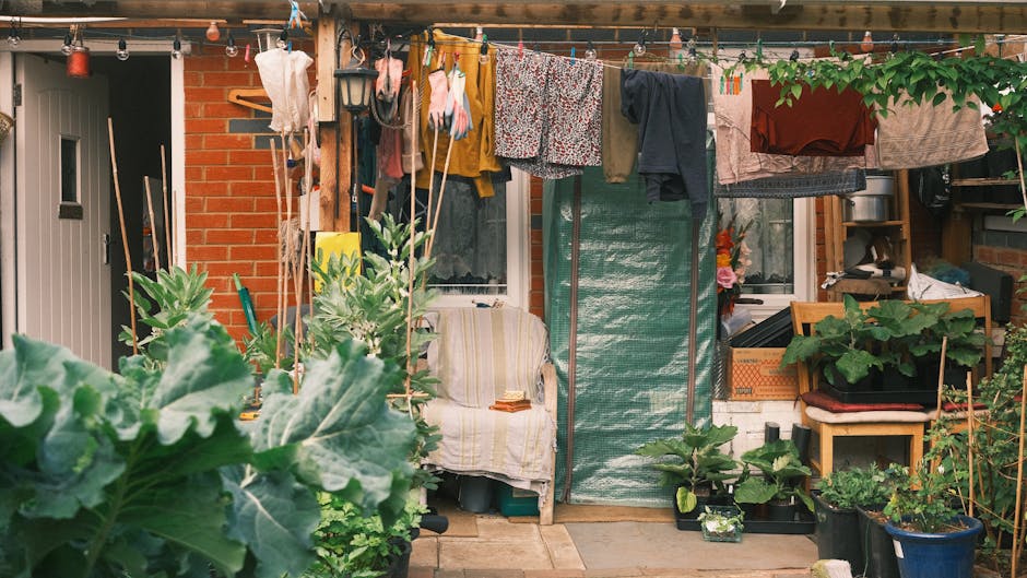 A small backyard garden attached to a brick residential building, featuring a variety of potted plants and garden beds on the right side with leafy green foliage, some climbing up supports. A green fa